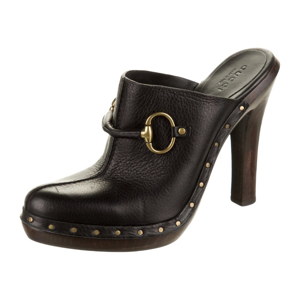 GUCCI Horsebit Accent Leather Mules Wooden Platforms Black Leather ZS 8